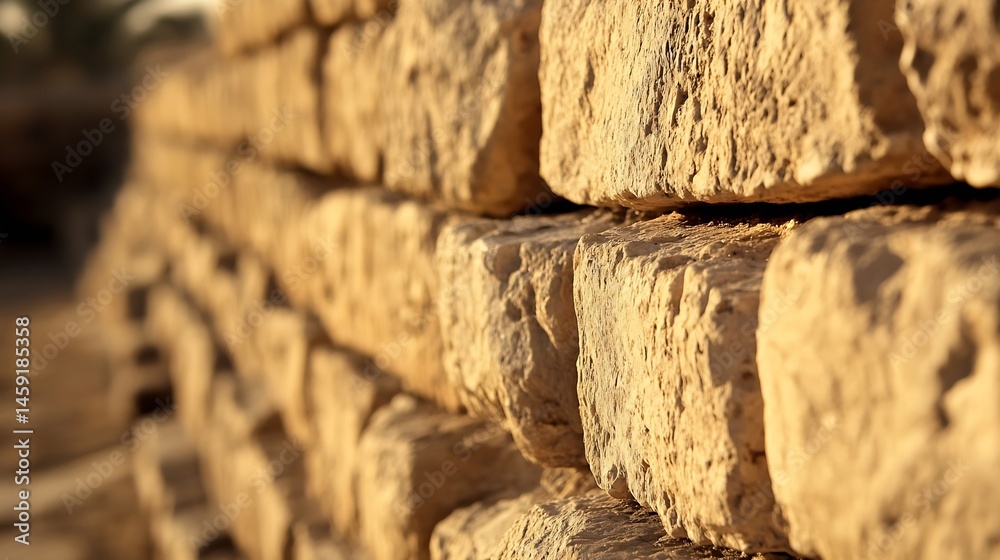 Aufkleber close-up view of an ancient stone wall, showcasing the texture and color of the large, beige blocks 