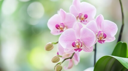 Close-up of delicate pink phalaenopsis orchids blooming, showcasing intricate petal details and vibrant color against a soft green bokeh background. : Generative AI