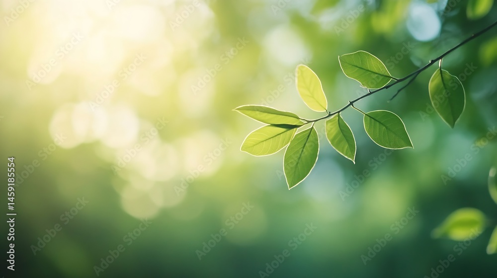 Poster sunlight illuminates vibrant green leaves on a branch, creating a serene and peaceful nature scene. 