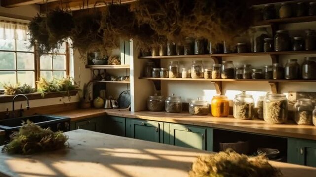 Kitchen with wooden table and shelves full of jars and bottles. Smooth repeating motion for background video animation.
