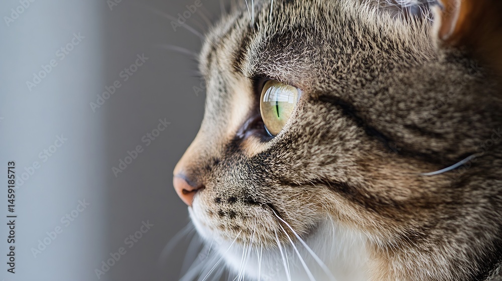 Poster close-up profile view of a tabby cat's head, showcasing its green eyes and detailed fur texture. the