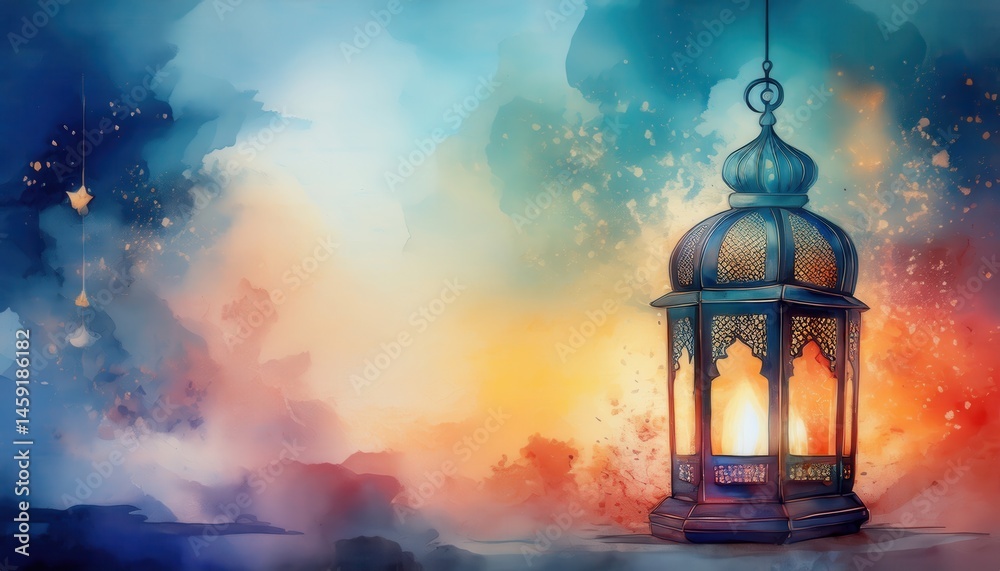 Aufkleber watercolor lantern with glowing light ramadan graphic for web design and print media