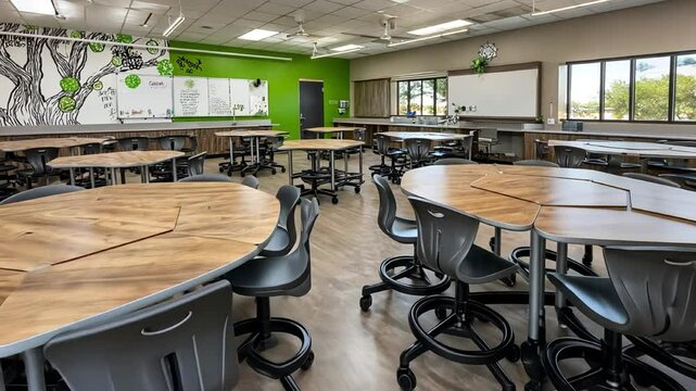 Modern classroom featuring flexible seating arrangements and collaborative learning spaces