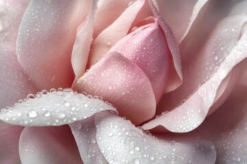 Fototapeta premium Close up of delicate pink rose petals glistening with tiny water droplets, capturing the beauty and freshness of nature