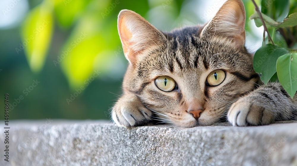 Aufkleber close-up portrait of a tabby cat resting on a stone wall, surrounded by lush green foliage. its capt