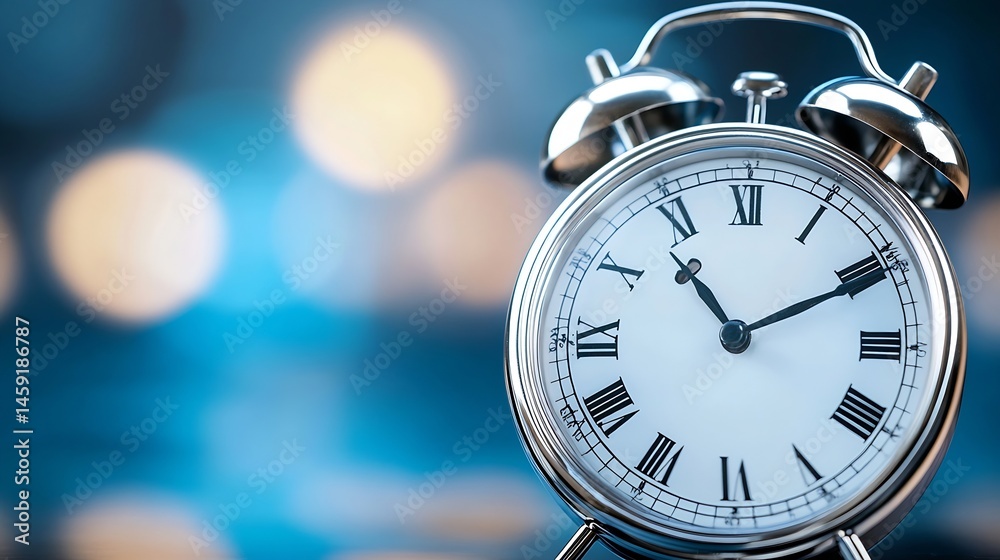 Poster close-up of a classic silver alarm clock with roman numerals on a blurred blue background, suggestin