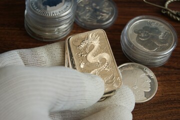 Silver bars with dragon in numismatist's hand. Finance and Investments.