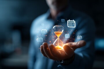 Fototapeta premium A businessman holding a glowing hourglass with one hand, calendar icons floating around, concept of productivity and deadlines, dark moody background with strong lighting focus 
