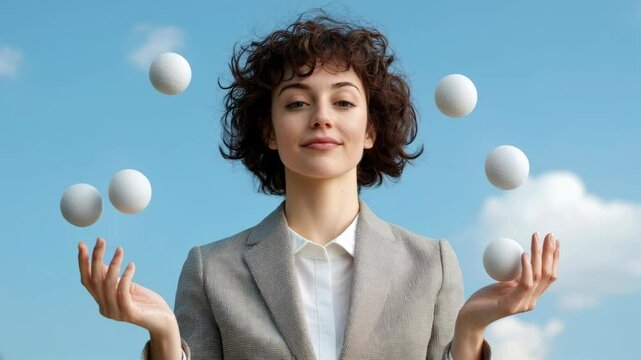 Confident woman juggling six white balls outdoors with focus against clear blue sky showing skill and balance