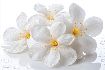 Fototapeta premium Soft focus shot of white jasmine flowers covered with fresh water drops, creating a delicate and pure image