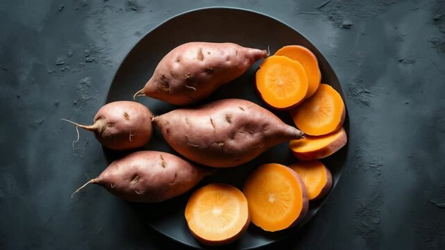 Raw sweet potatoes and organic yam. Farm produce. Dark backdrop.