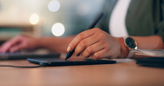 Designer, hands and graphics tablet with stylus for logo design, draft editing and brand campaign layout. Bokeh, interactive and woman with drawing for creative project and digital marketing website