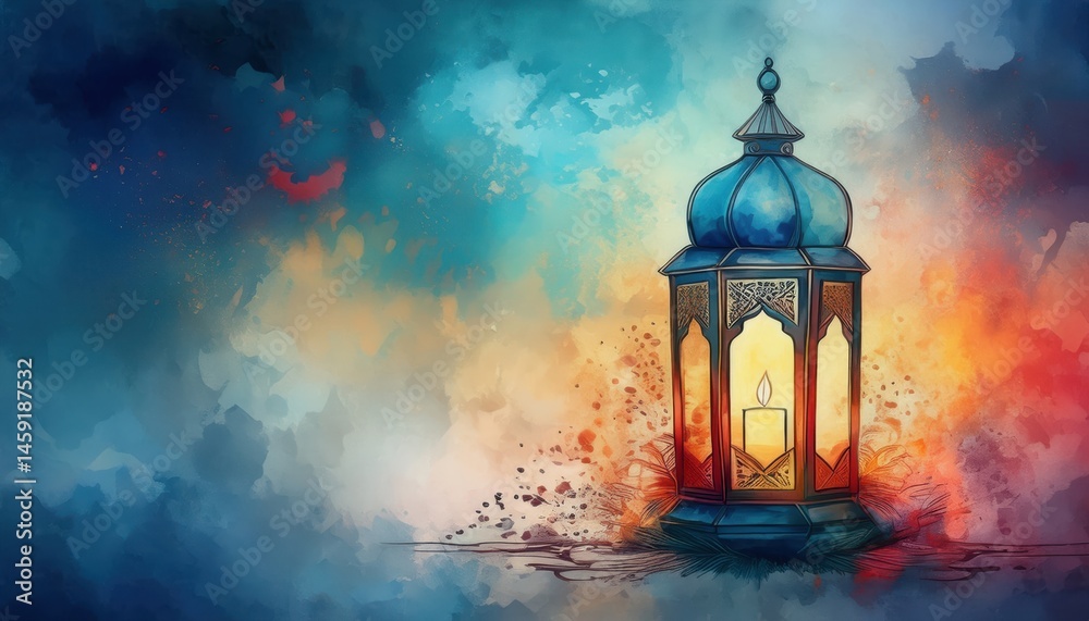 Poster watercolor lantern with glowing light ramadan graphic for web design and print media
