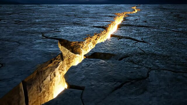 A dramatic crack in the earth's surface illuminated by glowing light, showcasing geological activity