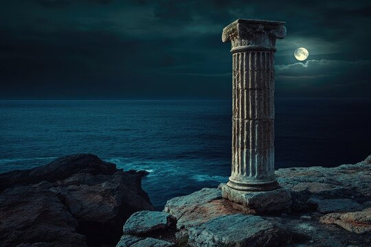 A solitary ancient Greek column stands on a cliff overlooking a moonlit sea, a scene of serene mystery.