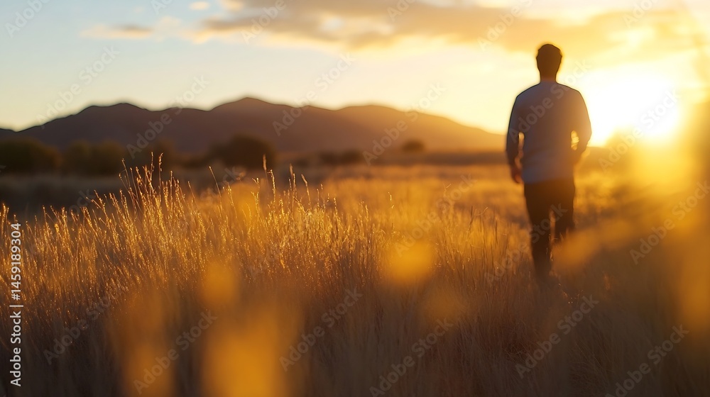 Poster silhouette of a man walking through tall grass at sunset, with mountains in the background. golden h