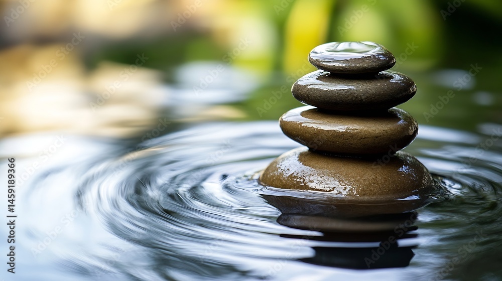 Poster serene stack of wet stones floating gently in calm water, a peaceful zen garden scene with blurred g