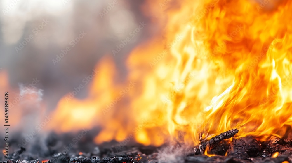 Poster close-up view of intense orange and yellow flames consuming charred wood, creating a dramatic scene 