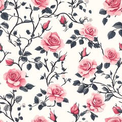 Beautiful floral pattern featuring pink roses with lush green leaves on a soft backdrop. Seamless pattern.