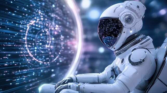 Astronaut contemplating futuristic digital interface