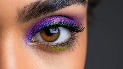 Obraz premium Closeup of womans eye with colorful glitter eyeshadow