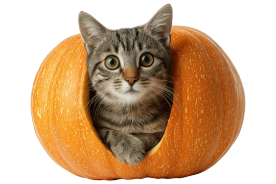 Pumpkin Patch Kitty: A curious cat peeks out from a carved pumpkin, capturing the playful essence of autumn, inviting you into a world of seasonal cheer.