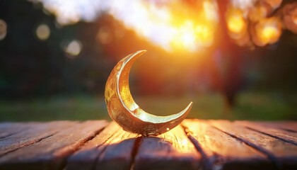 golden crescent moon on wooden table ramadan photo for branding and print media