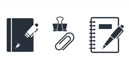 Stationery Icons: Notebook, Pen, Binder Clip and Paperclip
