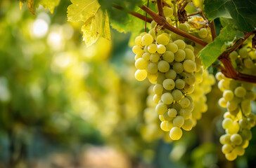White Grapes on Vine with Sunlight – High-Resolution Close-Up Photo