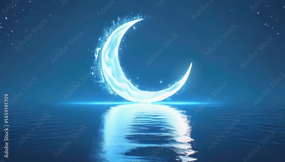 Poster glowing crescent moon over water ramadan graphic for web design and branding