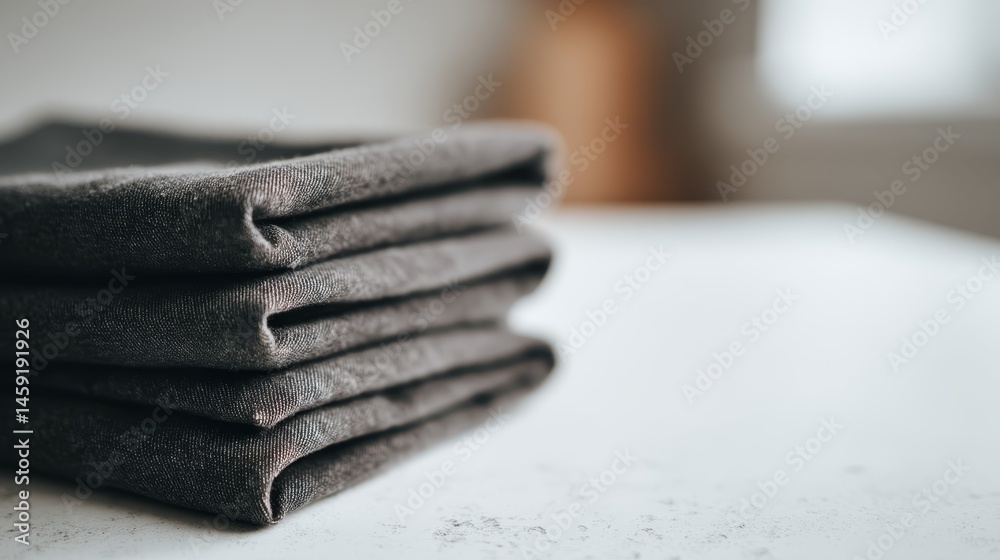 Aufkleber Close-up view of a stack of dark gray chinos neatly folded on a crisp white surface, illuminated with warm lighting, creating a clean, inviting aesthetic