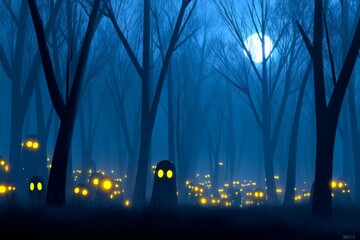 Naklejka premium A dark, misty forest with dozens of glowing cartoon eyes peeking from shadows twisted trees, full moon above, monochrome blues with pops of yellow glow, eerie yet playful atmospher