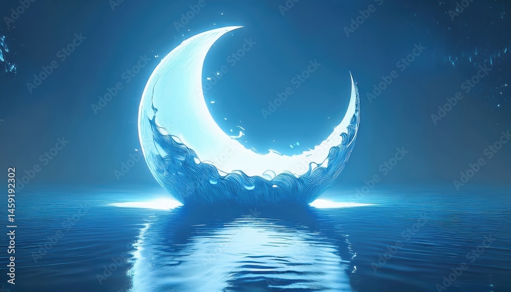 Poster glowing crescent moon over water ramadan graphic for web design and branding