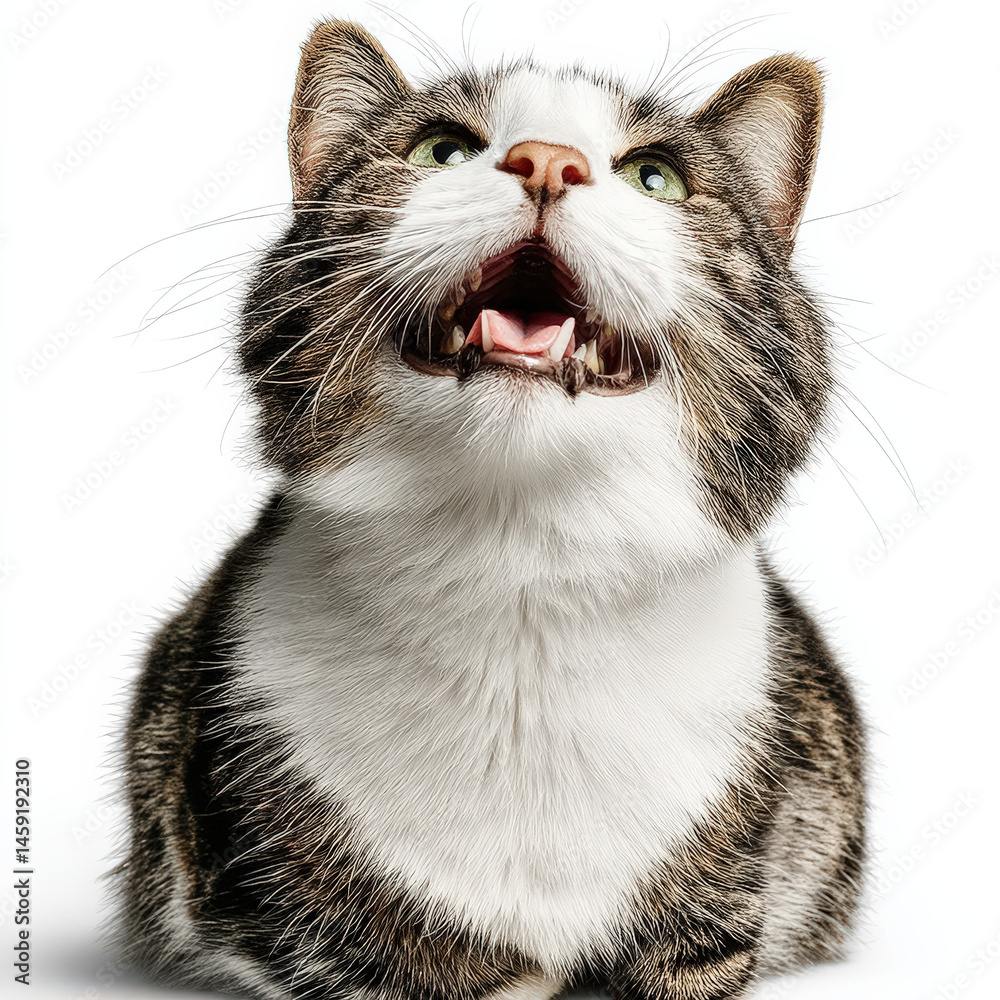 Poster a playful tabby cat with white chest fur mouth open in a joyful meow looking upward against a pure w