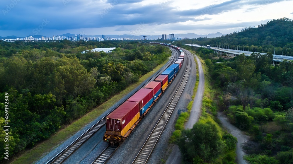 Poster aerial view of a freight train carrying colorful shipping containers, curving through lush green lan