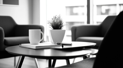 Modern office waiting area with a coffee mug, notebook, pen, and small plant on a sleek coffee table, showcasing minimalist design and calm atmosphere. : Generative AI