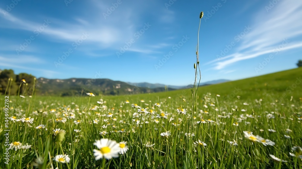 Poster a field of daisies under a vibrant blue sky, tall grass and distant mountains create a serene landsc