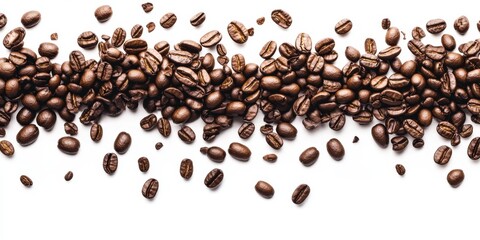 Obraz premium Coffee beans scattered across white background