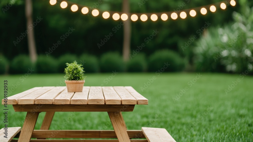 Aufkleber wooden picnic table creating an inviting backyard atmosphere under string lights