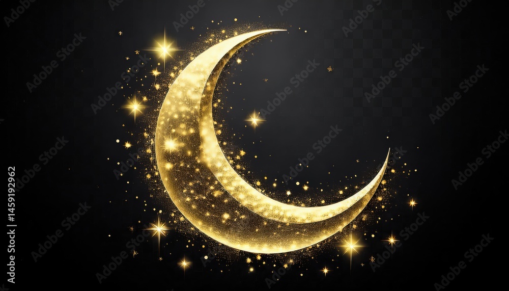 Aufkleber golden crescent moon with sparkling stars ramadan graphic for web design and print media