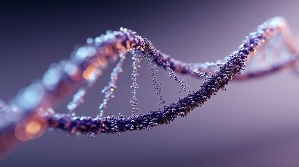 A minimalist DNA helix made of glowing blue dots and thin connecting lines, suspended over a pale lavender background. Structure occupies the bottom corner, with ample open space above. Scientific an