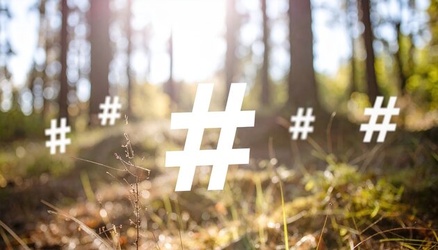 Hashtag symbols superimposed on a sunlit forest floor showcasing nature's beauty and digital connectivity - Powered by Adobe