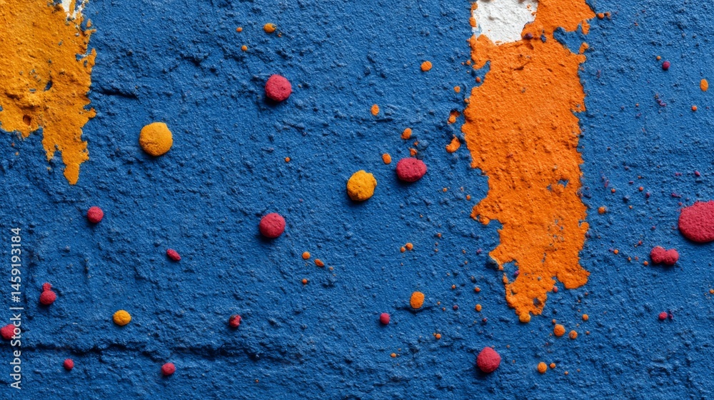 Poster Close-up view of vibrant deep blue textured canvas highlighted with fiery orange and red splashes, creating an emotional and dynamic abstract work of art