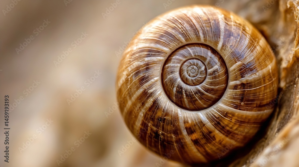 Poster Close-up view of a snail shell, showcasing its intricate spiral pattern and warm brown, beige tones. The shell's texture is highlighted, revealing fine lines and subtle variations in c : Generative AI