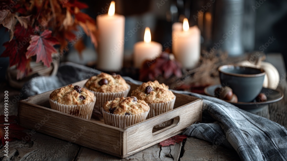 Poster autumn-themed muffins with maple leaf and acorn decorations are beautifully arranged on a rustic tra