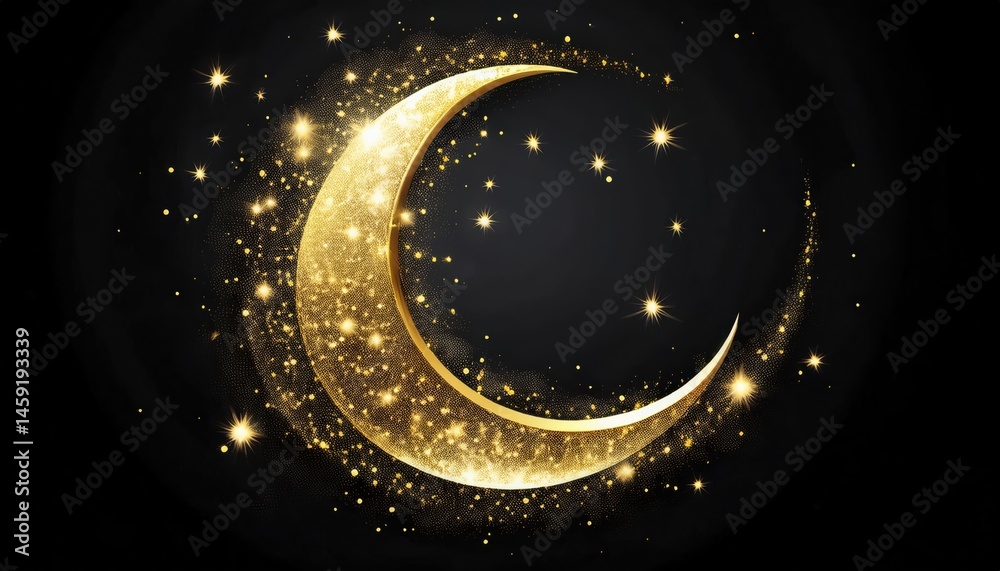 Aufkleber golden crescent moon with sparkling stars ramadan graphic for web design and print media