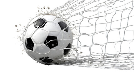 Soccer net with ball inside mid-goal, action captured, isolated on Transparent background