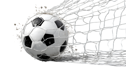 Soccer net with ball inside mid-goal, action captured, isolated on Transparent background