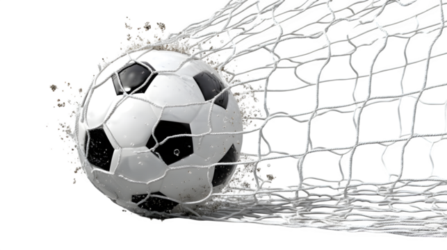 Soccer net with ball inside mid-goal, action captured, isolated on Transparent background
