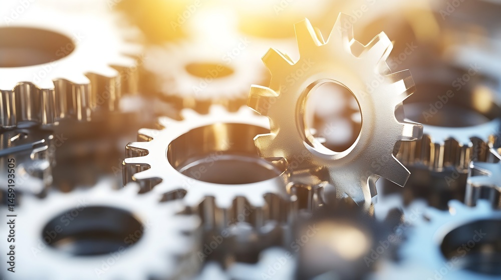 Poster Close-up view of metallic gears interlocked, showcasing intricate details and a warm, golden light illuminating the scene.  The image evokes themes of precision engineering and complex : Generative AI